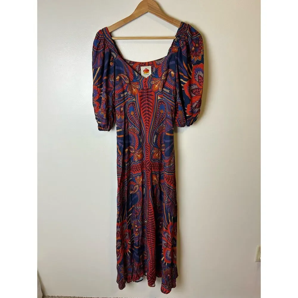 Farm Rio Anthropologie‎ Macaw Arabesque Midi Dress Puffed Sleeves Boho Sz XS - Picture 2 of 6